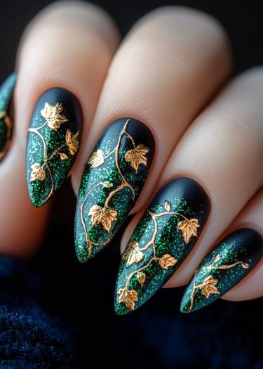 Elegant black and green nail art with golden vine designs on long almond-shaped nails.