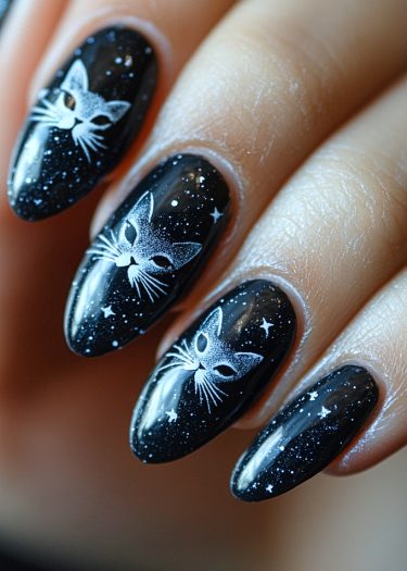 Celestial black cat nail art featuring glossy black base and white starry designs.