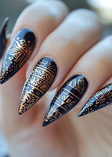 Intricate stiletto nails with black polish and metallic gold designs showcase bold nail art.