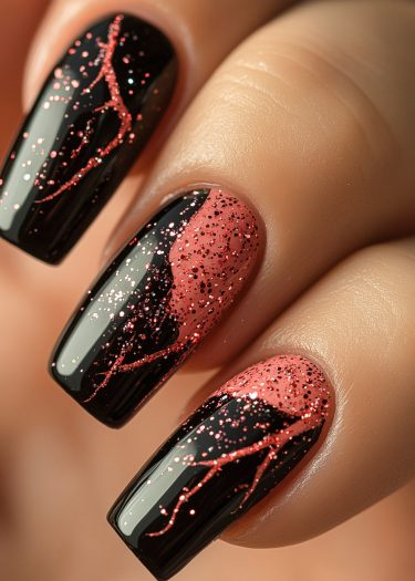 Stylish black and pink glitter nails with elegant abstract designs and a glossy finish.