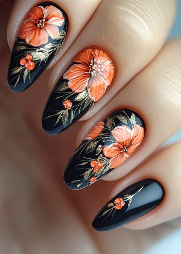 Stunning black floral nail art featuring vibrant orange hibiscus flowers and elegant gold accents.