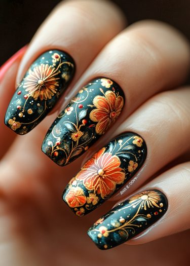 Elegant black floral nail art design with golden accents and intricate details on glossy nails.