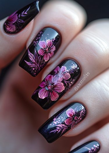 Elegant black floral nail art featuring intricate pink designs and shimmering accents.