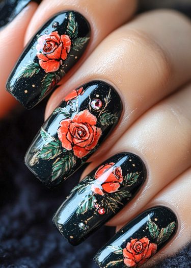 Bold black nails with intricate orange roses and sparkling embellishments in elegant nail art design.