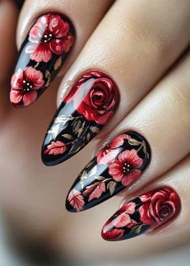 Elegant black floral nail art featuring detailed roses and gold leaves for a stunning look.