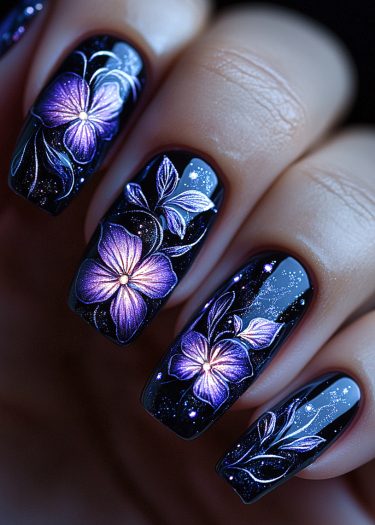 Glossy black nail art featuring intricate purple and blue floral designs with celestial details.