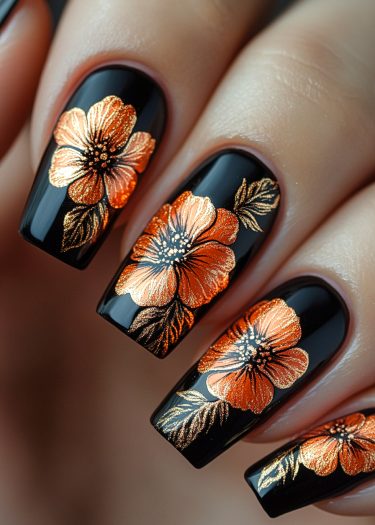 Elegant black floral nail art with metallic orange flowers for a striking and sophisticated look.