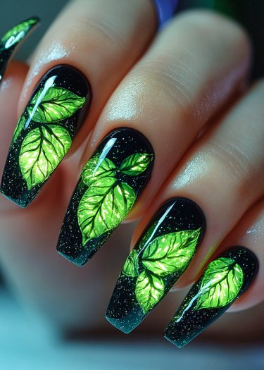 Elegant black glitter nail art with detailed green leaf designs on almond-shaped nails.