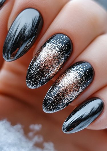 Elegant black ombre nails with glitter, featuring a chic almond shape and luxurious finish.