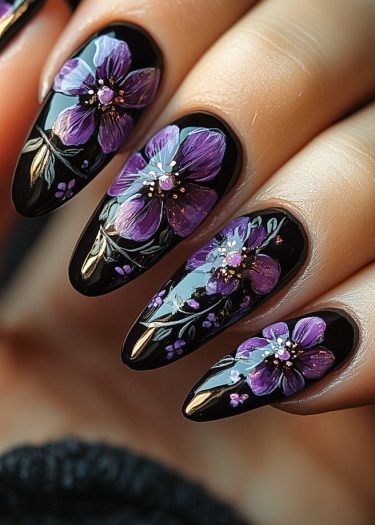 Black glossy nail art featuring vibrant floral designs in purple and green for a stunning look.