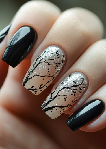 Elegant black glossy nails with glittered nature-inspired design and intricate tree branch art.