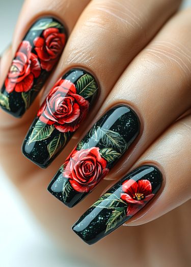 Elegant black glossy nails featuring intricate red rose floral art and sparkling accents.