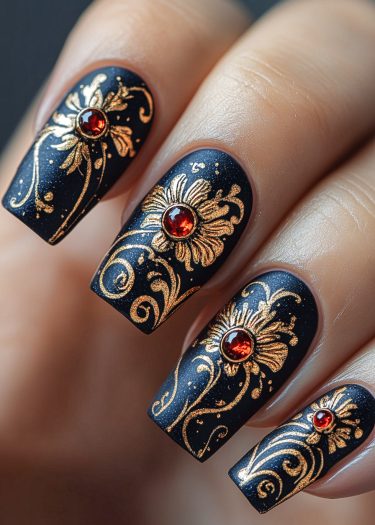 Elegant black and gold floral nail art with striking red gems for a luxurious look.