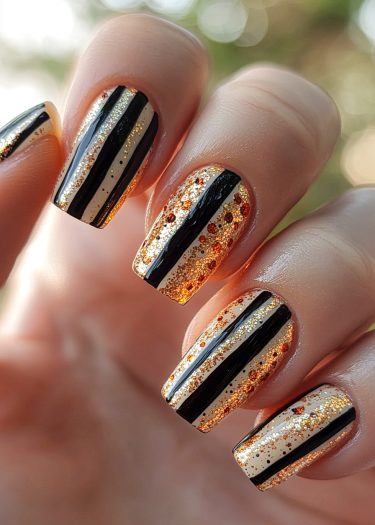 Elegant black and gold glitter nail art with vibrant stripes and shimmering details.