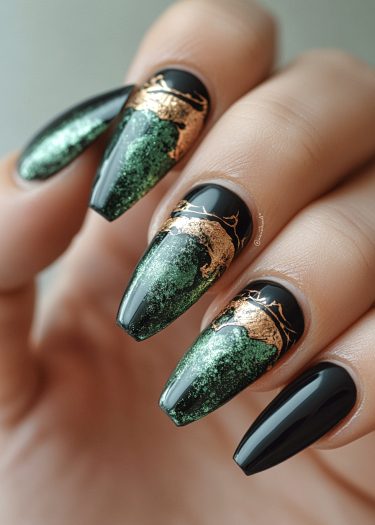 Elegant black and metallic green stiletto nail art with gold accents for sophisticated style.