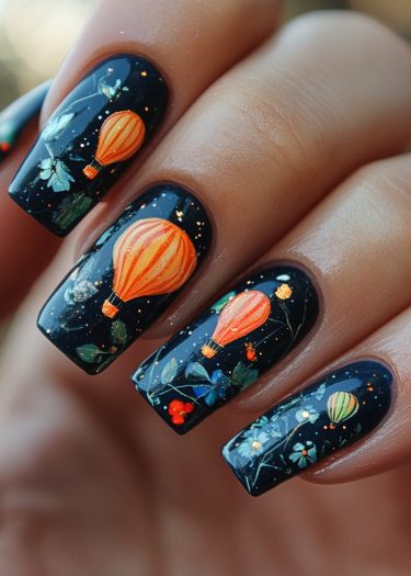 Stunning black nail art featuring vibrant hot air balloons and floral designs for an adventurous look.