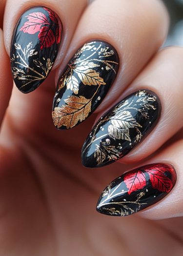 Glossy black nails adorned with metallic gold and red leaf designs create a stunning manicure.