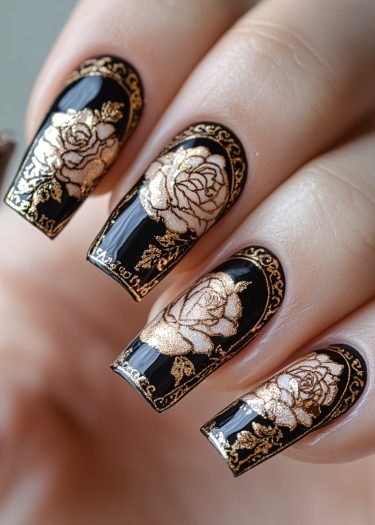 Elegant black and gold rose nail art featuring intricate designs and luxurious detailing.