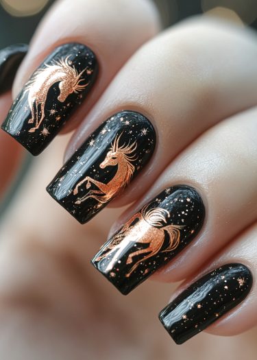 Stunning black unicorn nail art with copper designs and sparkling star accents.