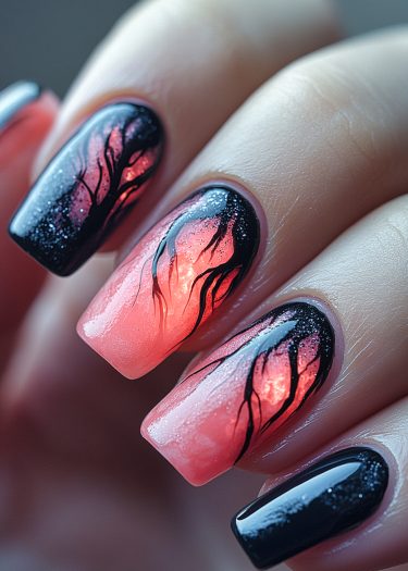 Intricate black and red gradient nail art with unique patterns and glossy finish.