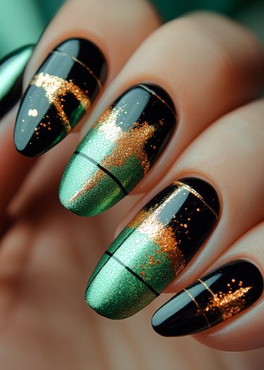 Elegant black and green metallic nail art with glitter and geometric accents.