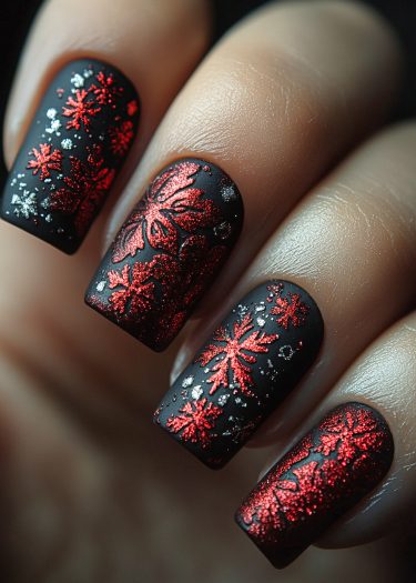 Elegant black matte nails with intricate red floral glitter designs for a luxurious look.