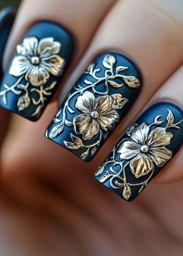 Elegant black matte nails with embossed gold floral designs for luxurious nail art inspiration.