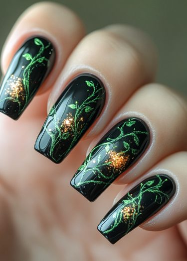 Elegantly manicured black nails with vibrant green vine art and sparkling gold accents.