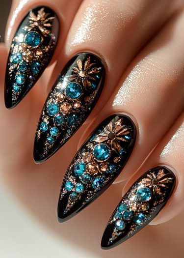 Elegant black nails adorned with blue gemstones and gold accents create a luxurious manicure.