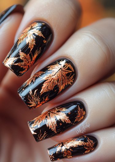 Elegant black nails featuring intricate copper leaf designs for a sophisticated autumn look.