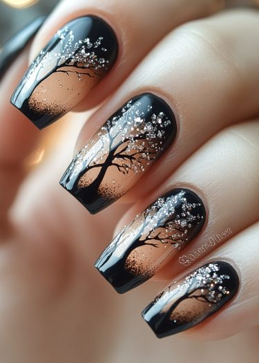 Elegant black ombre tree nail art with glittering stars for a stunning, trendy look.