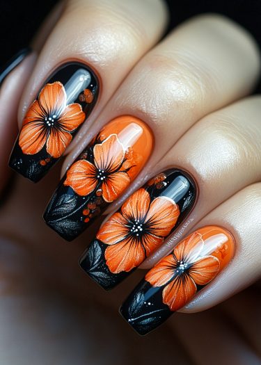 Stunning black and orange floral nail art design with intricate details and high-gloss finish.