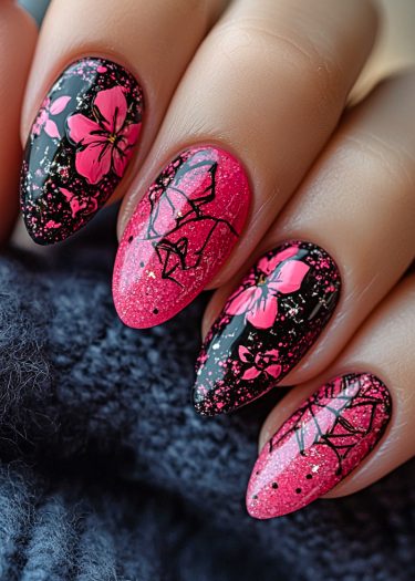 Stylish black and pink floral nail art with glitter and geometric designs on elegant almond nails.