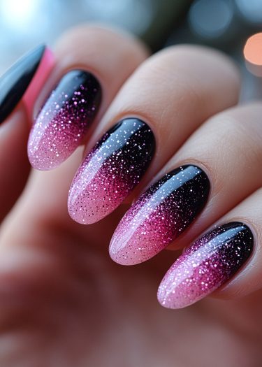 Elegant black and pink gradient nails with glitter for a glamorous manicure look.