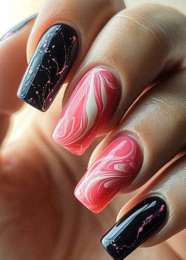 Elegant black and pink nail art featuring marbled designs and intricate patterns.