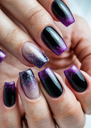 Stylish black and purple glitter nails with a stunning gradient and unique designs.