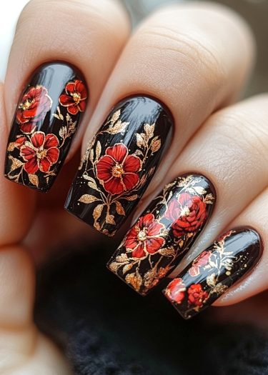 Elegant black and red floral nail art with gold accents for a luxurious manicure look.