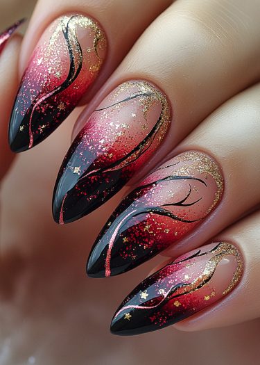 Stunning black and red stiletto nails with glittery design, perfect for bold fashion statements.