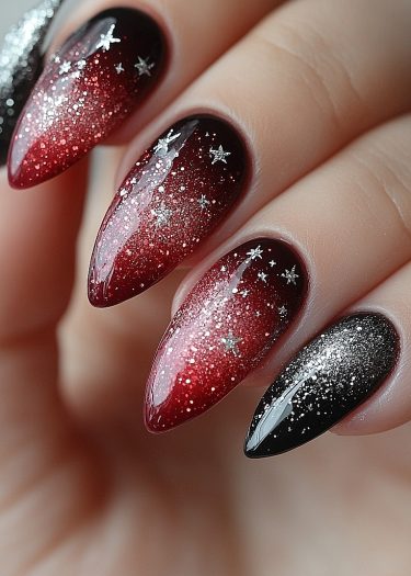 Elegant black and red gradient nail art with shimmering glitter and intricate silver stars.