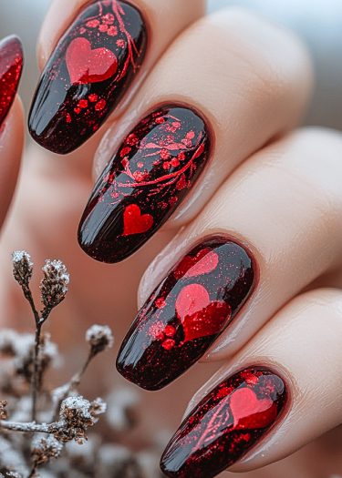 Elegant black and red heart nail art with floral designs against a wintry background.