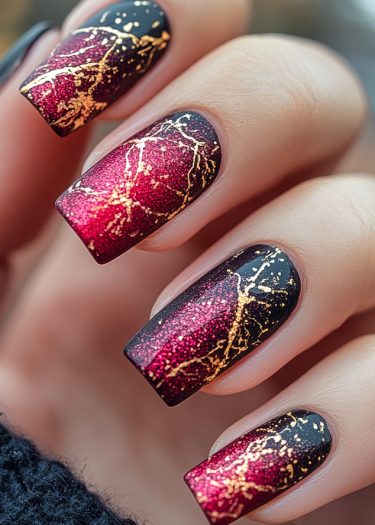 Elegant black and red ombre nail art with gold veining enhances sophisticated nail designs.