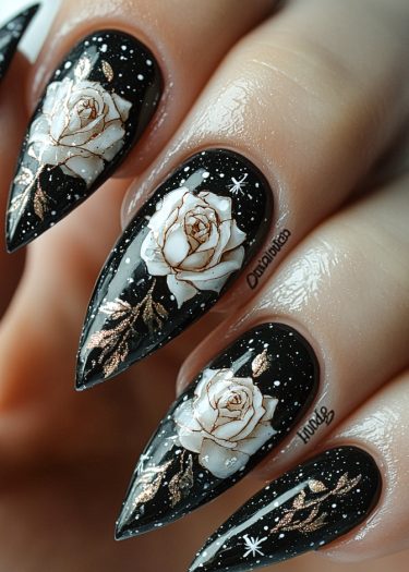 Elegant black stiletto nails with intricate white roses and gold accents for a luxurious look.