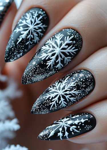 Elegant black matte nails with white snowflakes and silver glitter for a stunning winter design.