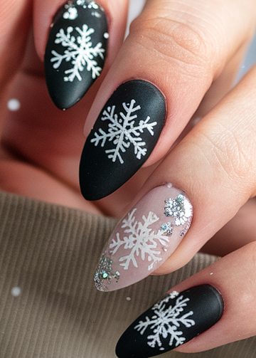 Elegant black and white snowflake nail art on almond-shaped nails, perfect for winter.