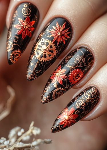 Steampunk black stiletto nail art featuring intricate gears and floral designs for a striking look.