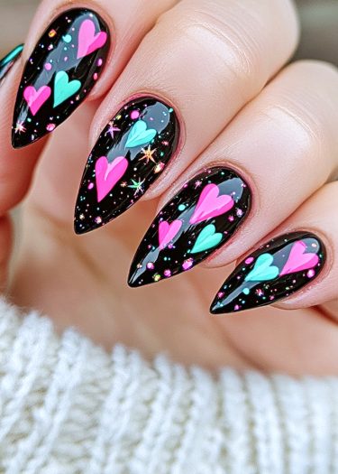 Elegant black stiletto nails adorned with colorful hearts and starburst designs make a bold statement.