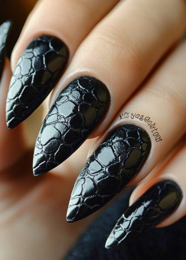 Gorgeous black stiletto nails with reptilian texture, showcasing exquisite nail art and elegance.