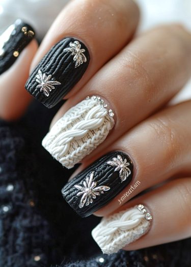 Elegant black and white knitted nail art with floral embellishments and rhinestone accents.