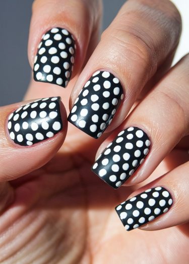 Stylish black and white polka dot nail art on beautifully manicured medium-length nails.