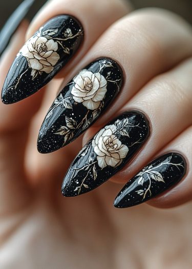 Elegant stiletto nails with black polish and intricate white rose designs for stunning nail art.